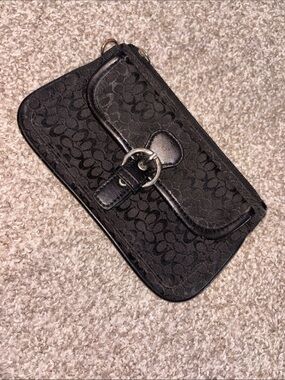 Coach Black Signature Zip Wristlet Clutch with Buckle Detail